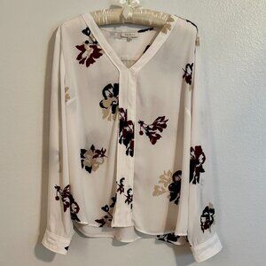 Long Sleeve White with Flower Pattern Blouse Size Large